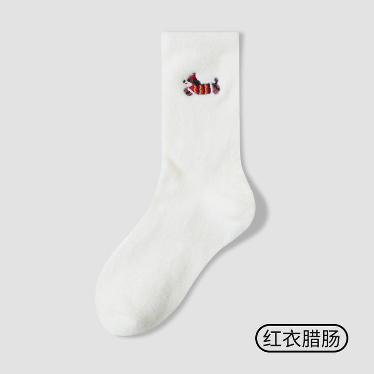 女襪|臘腸狗刺繡襪子女秋冬加厚保暖澳絨中筒襪彈力花邊親膚舒適堆堆襪「H5271」25.12-1
