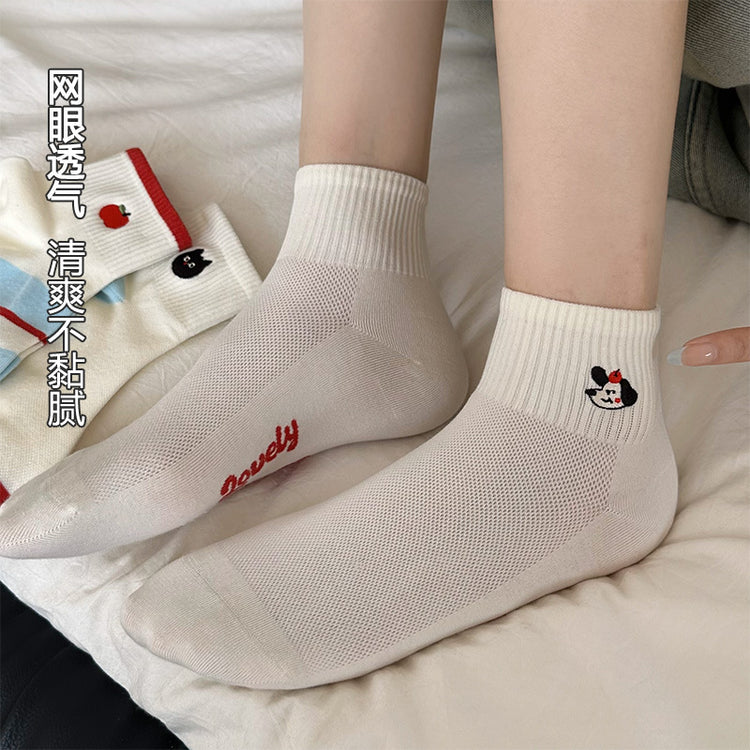 女襪|網眼襪子女棉質吸汗透氣橡筋彈力運動襪卡通刺繡ins潮流好搭短襪「TM7492」25.04-1