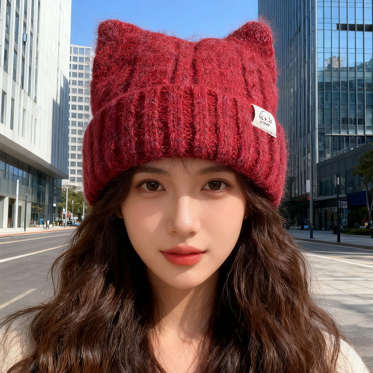流行帽子|韓版貓耳朵毛線帽子女冬2025新款保暖護耳針織帽顯臉小可愛套頭帽「C5620」25.09-4