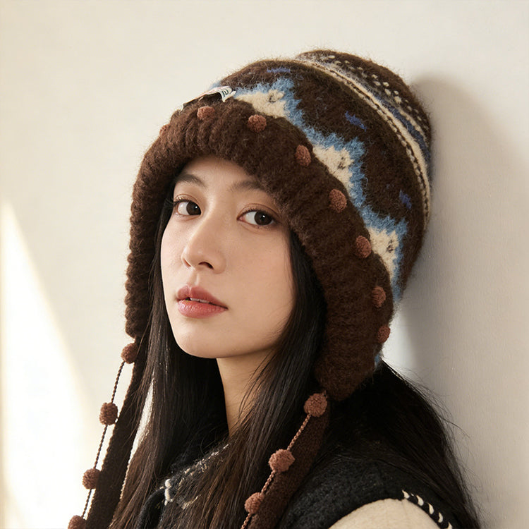 流行帽子|2025新款費爾島針織毛線帽子女秋冬保暖巴拉克拉法帽護耳包頭帽子「C5896」25.12-2