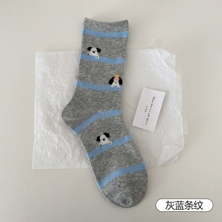 女襪|卡通圖案襪子女夏季薄款ins學院風中筒襪棉質吸汗透氣彈力堆堆襪「DMS5015」25.04-2
