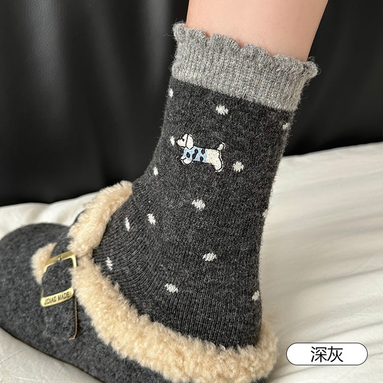 女襪|羊毛襪子女秋冬加厚保暖卡通刺繡毛中筒襪韓系ins潮花邊堆堆襪「AM25122」25.12-2