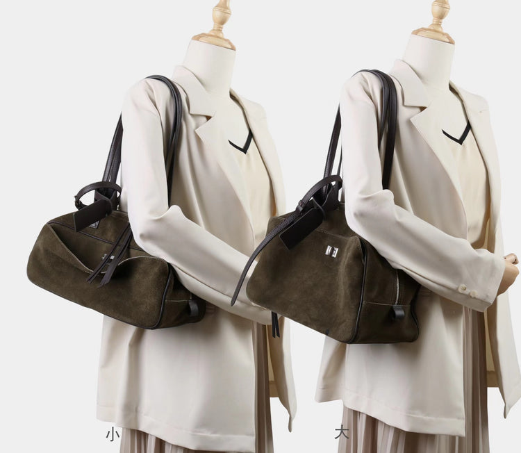 質感真皮|2025新款百搭輕奢磨砂牛皮波士頓大包單肩托特枕頭通勤保齡球包「X3989D3988」25.09-3