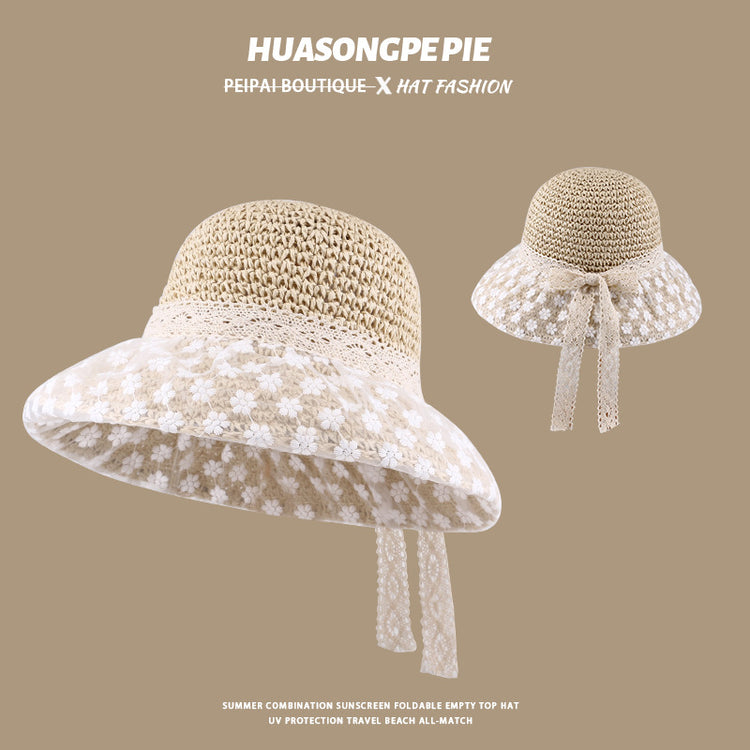 流行帽子|蕾絲系帶草帽夏季女帽子防曬學生戶外遮陽帽綁帶沙灘彩虹太陽帽子「C3929」24.05-2