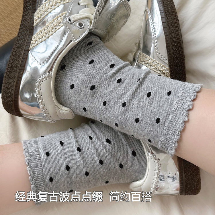 女襪|復古波點襪子女彈力花邊親膚舒適中筒襪棉質吸汗透氣堆堆襪「YJ24136」25.09-1