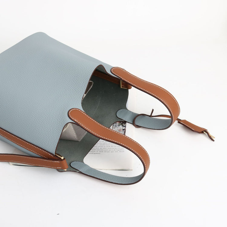 質感真皮|togo頭層牛皮拼接菜籃2024年新款時尚軟牛皮水桶包手提手拎包「226#」24.10-3