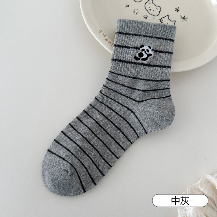 女襪|灰色襪子女夏季條紋卡通刺繡彈力中筒襪棉質親膚吸汗透氣堆堆襪「MI1088」25.04-3