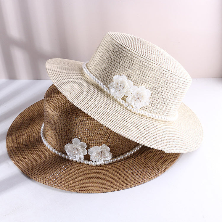 流行帽子|海邊草帽夏季遮陽遮臉防曬帽珍珠花朵赫本風沙灘度假平頂草編禮帽「C4107」24.07-4
