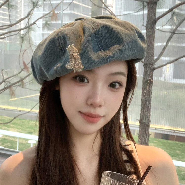 流行帽子 | 牛仔破洞貝雷帽女春夏季新款百搭雲朵帽復古水洗做舊顯臉小八角帽「C3680」24.02-2