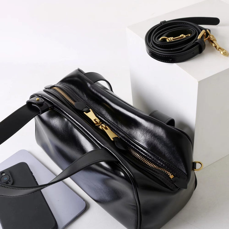 質感真皮|2025新款時尚牛皮手柄保齡球波士頓手提包小眾設計休閒百搭斜背包「8566」25.09-2