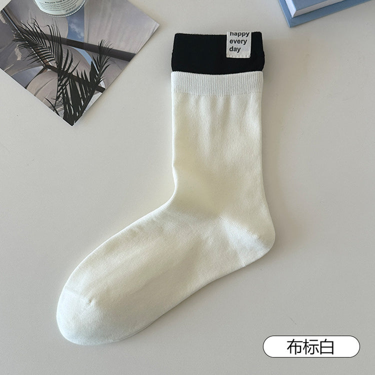 女襪|拼色布標襪子女彈力無骨吸汗透氣中筒襪薄款ins潮流學院風堆堆襪「PSP0112」25.06-3