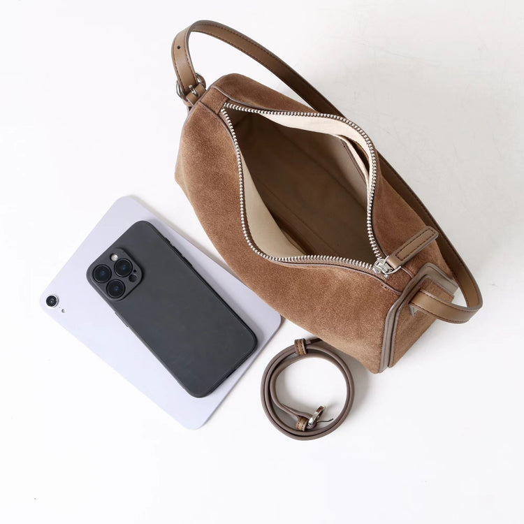 質感真皮|2025新款復古絨面磨砂牛皮柔軟高級感小眾餃子包流行時尚單肩斜挎「7038」25.06-4