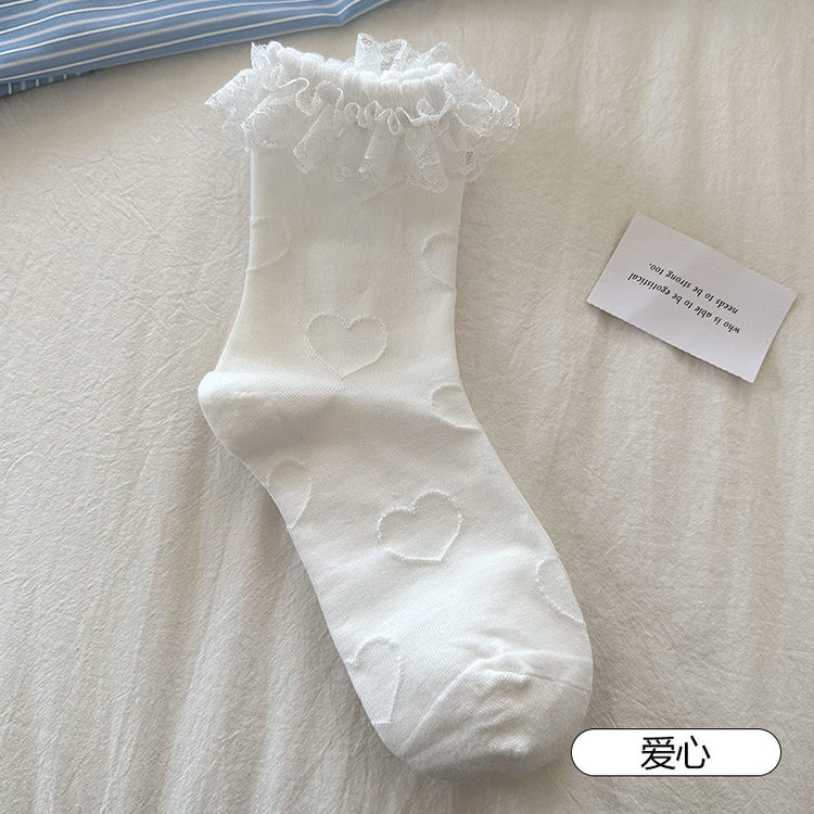 女襪|白色堆堆襪子女春夏薄款miu系蝴蝶結中筒襪吸汗透氣諸暨襪子批發「YM2510」25.03-4