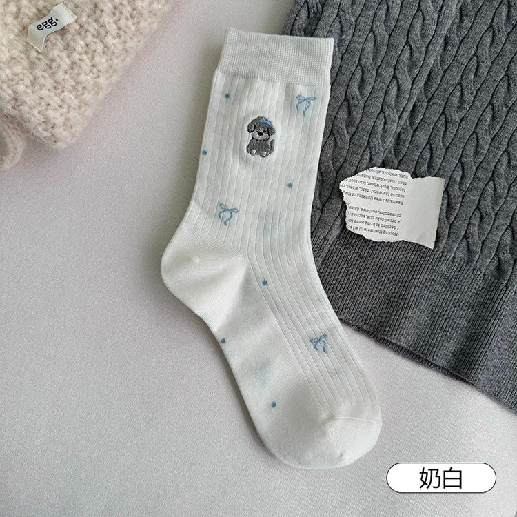 女襪|襪子女士小狗刺繡卡通趣味減齡中筒襪棉質吸汗透氣彈力堆堆襪「F2523」25.10-3