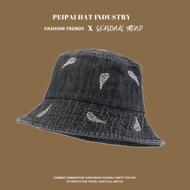流行帽子|韓版葉子刺繡牛仔漁夫帽子女春秋水洗復古戶外百搭遮陽小檐水桶帽「C4961」25.03-1