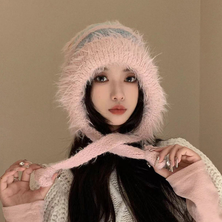 流行帽子|日系撞色毛絨絨針織帽子女秋冬季保暖加厚防風甜美可愛百搭雷鋒帽「C4411」24.12-4