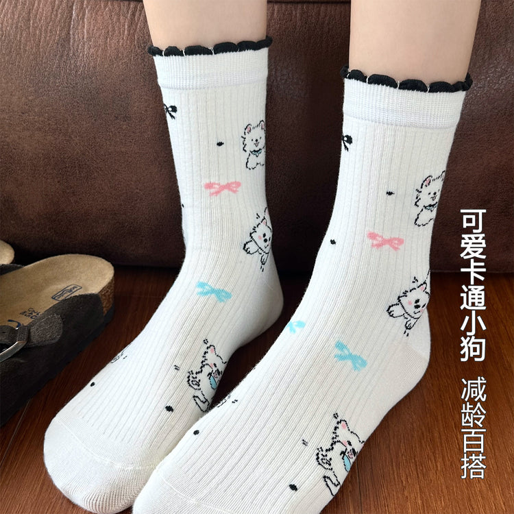 女襪|卡通可愛小狗襪子女夏季通勤簡約ins潮中筒襪棉質吸汗透氣堆堆襪「XH2506」25.06-4