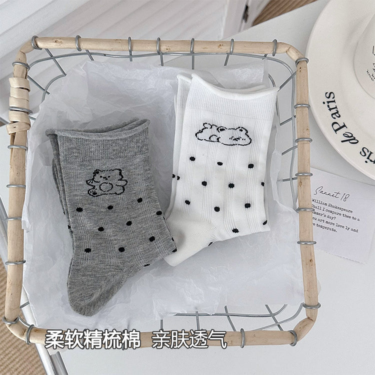 女襪|堆堆襪子女棉質彈力無骨卷邊中筒襪卡通動物親膚透氣休閒襪「W0114」25.03-2