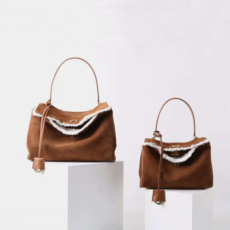 質感真皮|秋冬羊皮拼接磨砂牛皮腋下凱莉包鎖扣手提托特包通勤單肩斜挎大包「6138」24.11-4