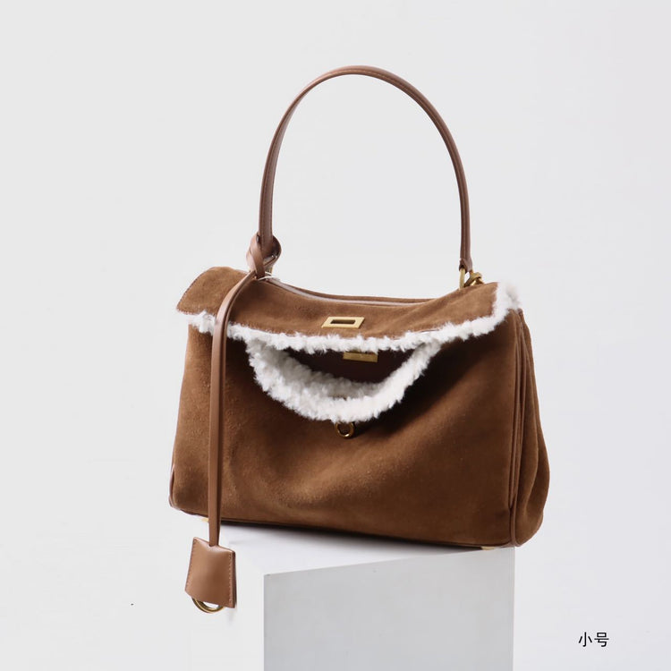 質感真皮|秋冬羊皮拼接磨砂牛皮腋下凱莉包鎖扣手提托特包通勤單肩斜挎大包「6138」24.11-4