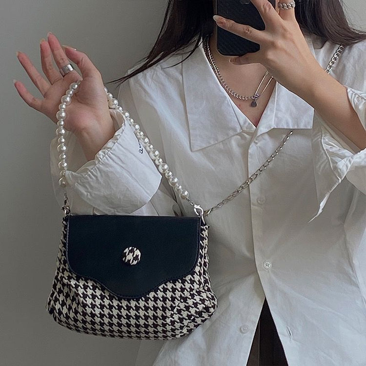 日韓流行|韓國2025年新珍珠手提包千鳥格撞色單肩腋下包百搭時尚鏈條斜背包「9592#」25.04-5
