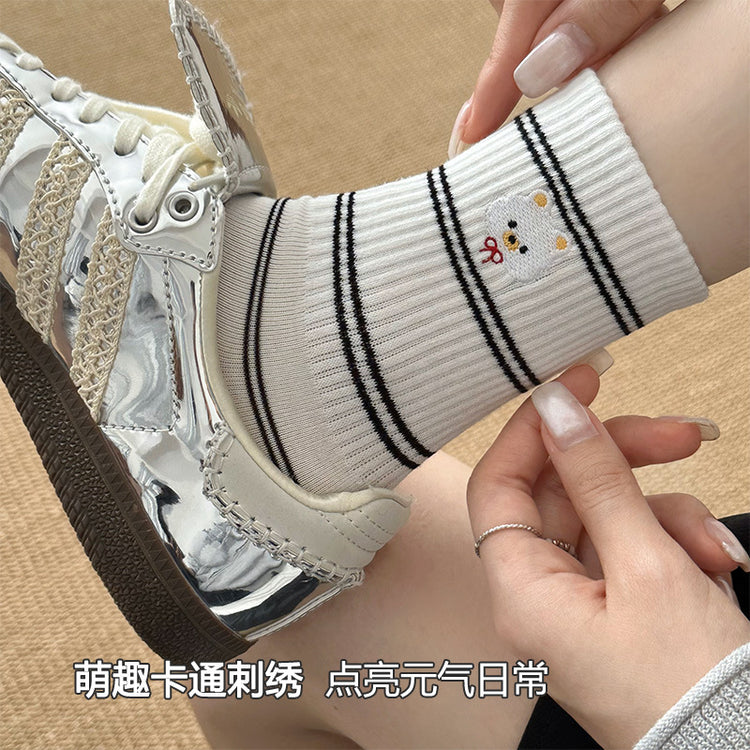 女襪|條紋襪子女萌趣卡通刺繡彈力中筒襪棉質吸汗防臭親膚舒適堆堆襪「W0124」25.03-4
