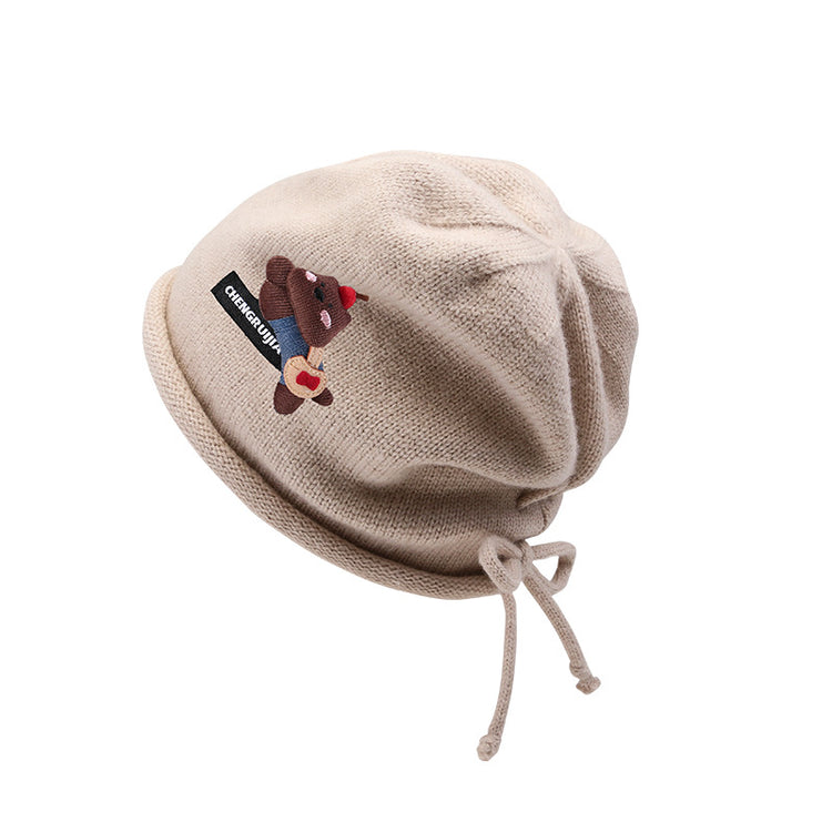 流行帽子|可愛卡通小熊帽子女秋冬包頭針織帽網紅百搭堆堆帽顯臉小卷邊冷帽「C5672」25.09-5