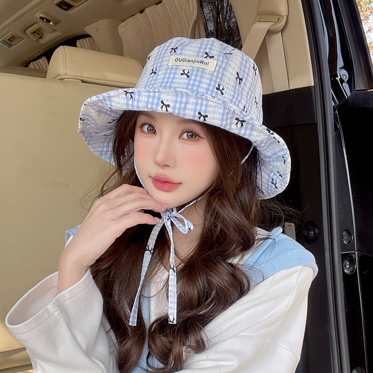 流行帽子|大檐蝴蝶結漁夫帽女夏季百搭系帶顯臉小遮陽帽韓系格子防曬太陽帽「C5055」25.03-1