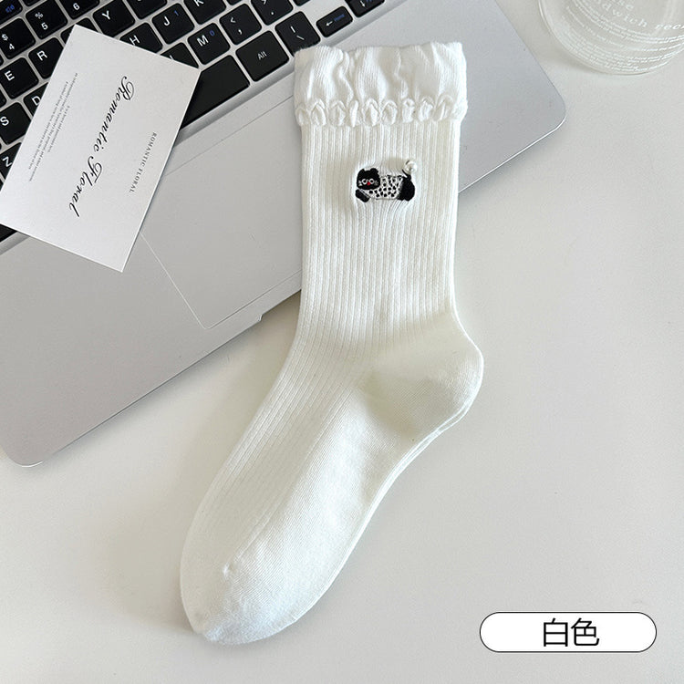 女襪|卡通刺繡襪子女miu系珍珠彈力親膚舒適中筒襪棉質吸汗透氣堆堆襪「XC2332」25.08-3