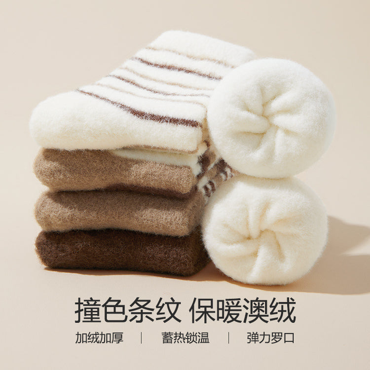 女襪|撞色條紋襪子女秋冬蓄熱鎖溫彈力澳絨中筒襪親膚舒適諸暨襪子批發「HC5110」24.12-1