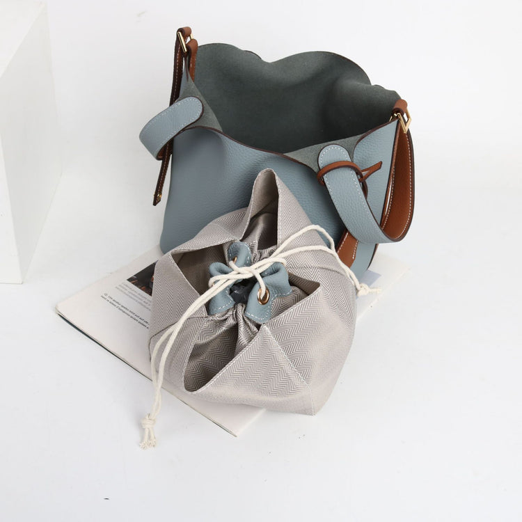 質感真皮|togo頭層牛皮拼接菜籃2024年新款時尚軟牛皮水桶包手提手拎包「226#」24.10-3