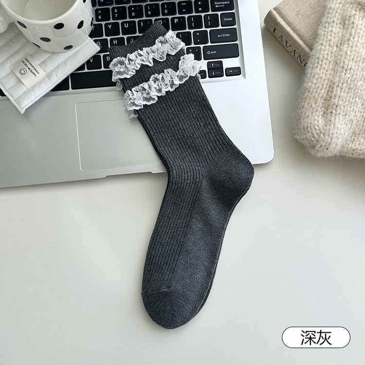 女襪|雙層蕾絲花邊襪子女竪條顯瘦彈力舒適中筒襪棉質吸汗透氣堆堆襪「XC2350」25.09-5