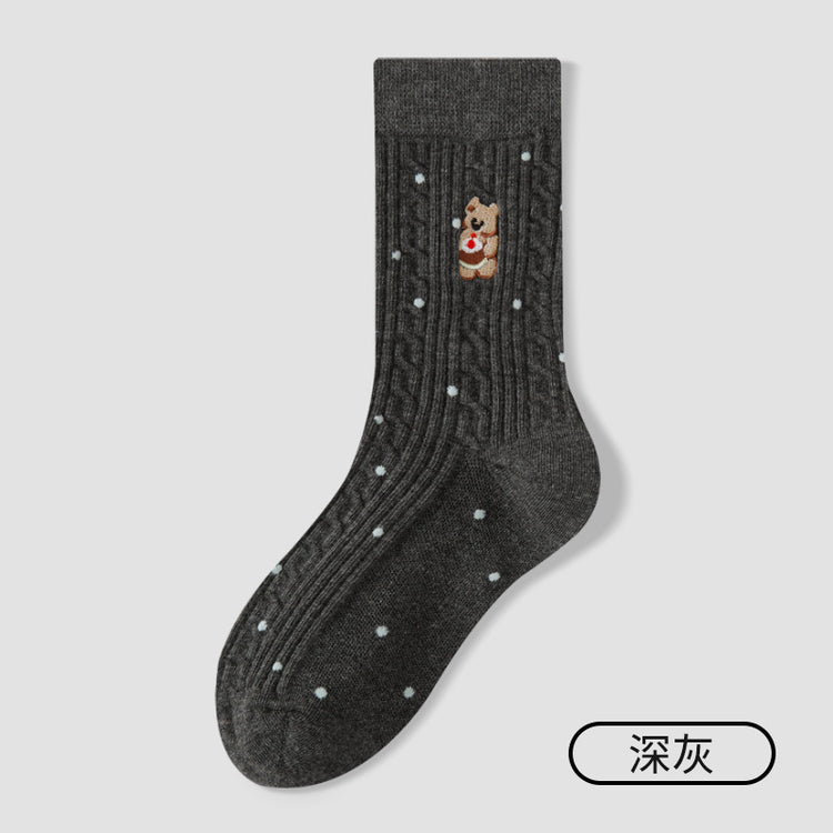 女襪|襪子女士秋冬棉質刺繡可愛小熊堆堆襪彈力無骨吸汗透氣中筒襪「ZX25517」25.10-4