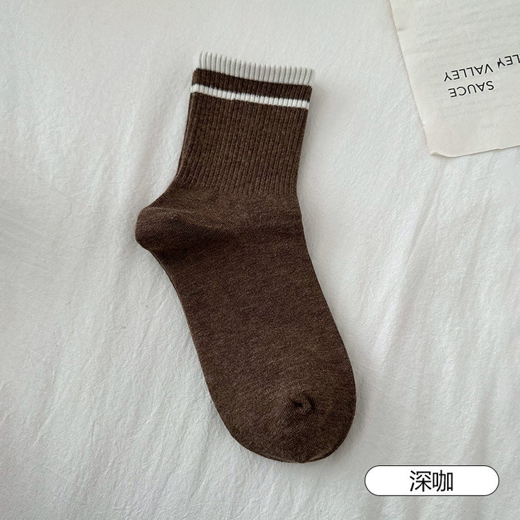 女襪|灰色襪子女竪條顯瘦羅口二槓學院風運動襪棉質親膚舒適彈力中筒襪「FM5090」25.03-1