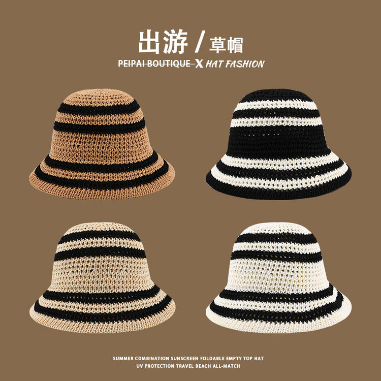 流行帽子|草帽編織女可折疊沙灘帽夏季鏤空透氣水桶帽甜美海邊遮陽帽子批發「C3748」24.03-4