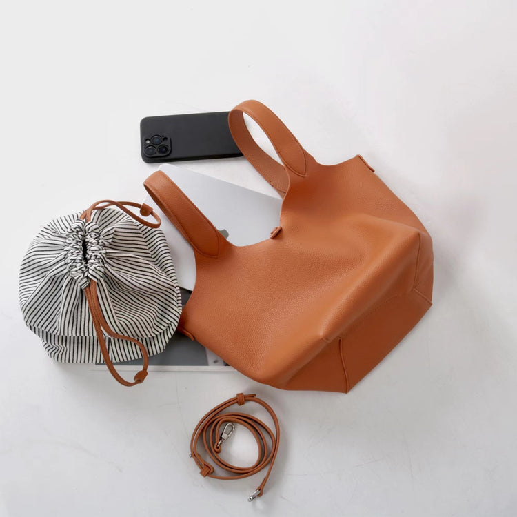 質感真皮|新款頭層牛皮水桶包菜籃手提女真皮高級感托特包荔枝紋包包「9017」25.03-2