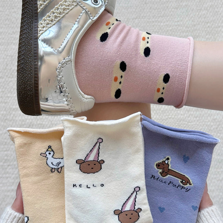 女襪|彈力卷邊襪子女可愛卡通圖案學院風中筒襪棉質吸汗透氣舒適堆堆襪「YM2454」25.08-4