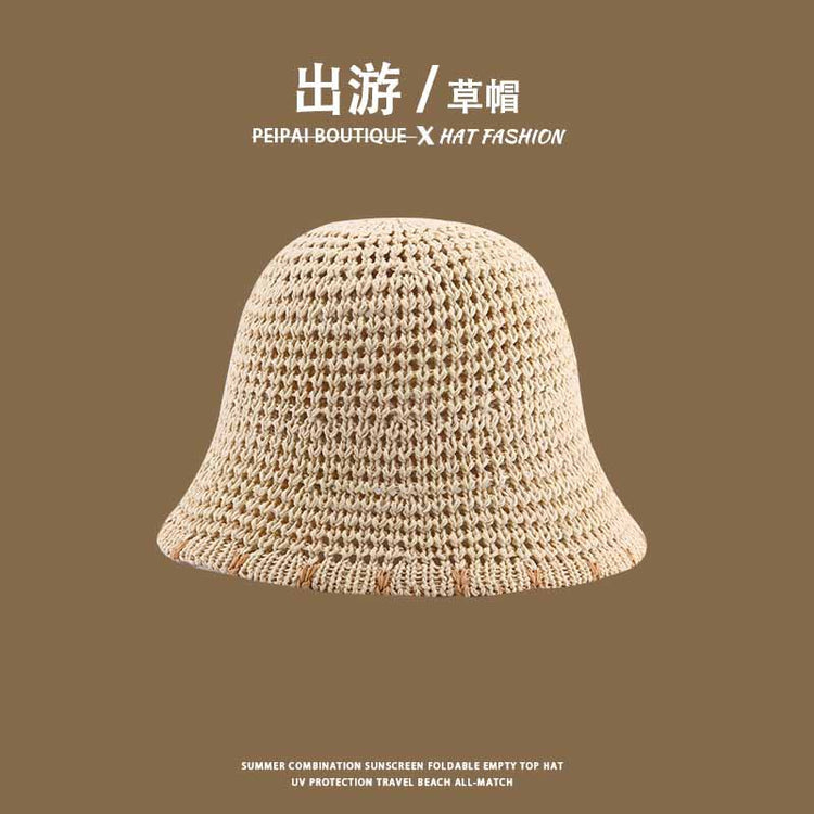 流行帽子|草帽編織女可折疊沙灘帽夏季鏤空透氣水桶帽甜美海邊遮陽帽子批發「C3748」24.03-4