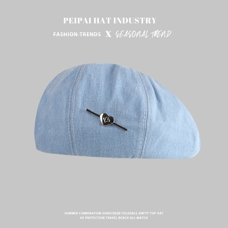 流行帽子|愛心藍色水洗牛仔貝雷帽女2024新款小眾復古顯臉小大頭圍畫家帽子「C4291」24.09-3