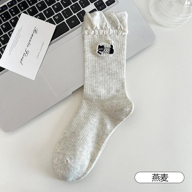 女襪|卡通刺繡襪子女miu系珍珠彈力親膚舒適中筒襪棉質吸汗透氣堆堆襪「XC2332」25.08-3
