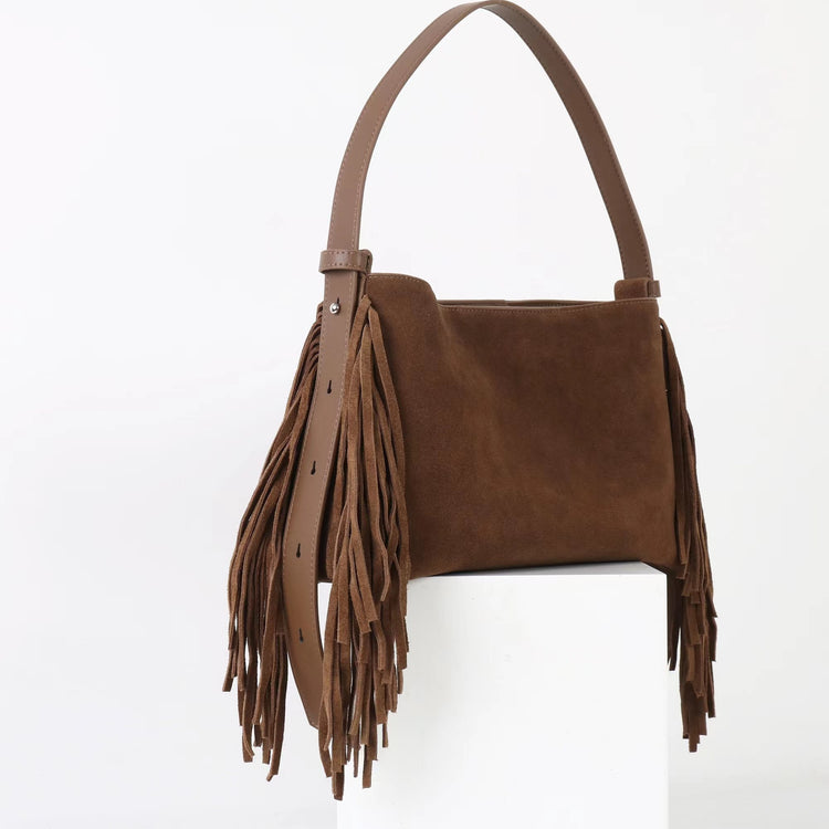 質感真皮|2025全新流蘇磨砂真皮斜背包度假風大容量百搭休閒托特包輕奢「7053」25.09-2