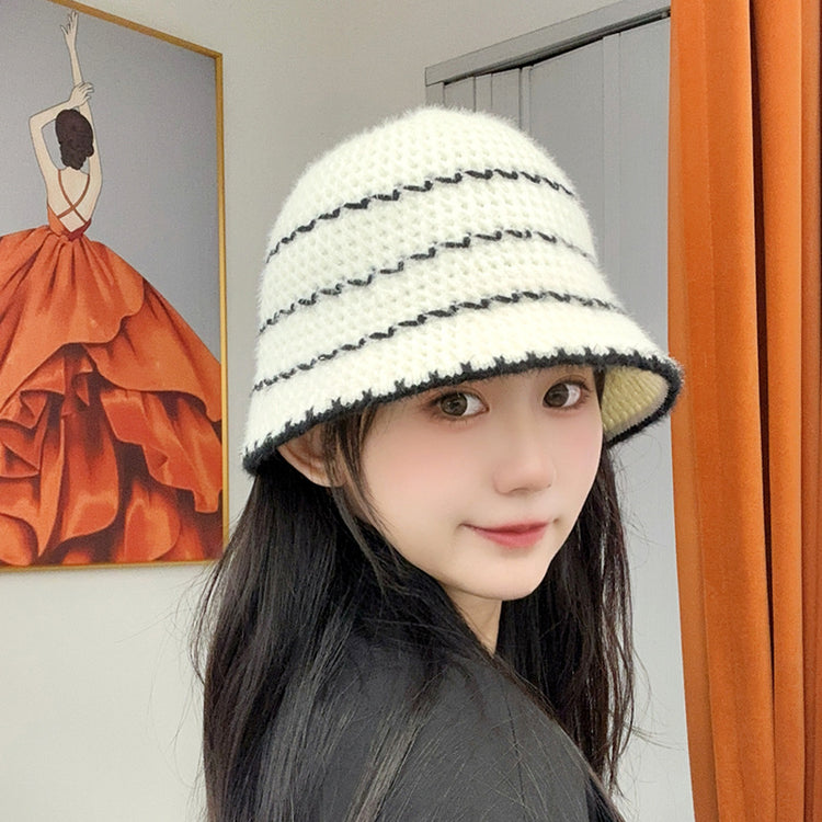 流行帽子|秋冬針織漁夫帽女條紋百搭顯臉小防寒護耳帽簡約休閒編織水桶帽子「C4348」24.08-4
