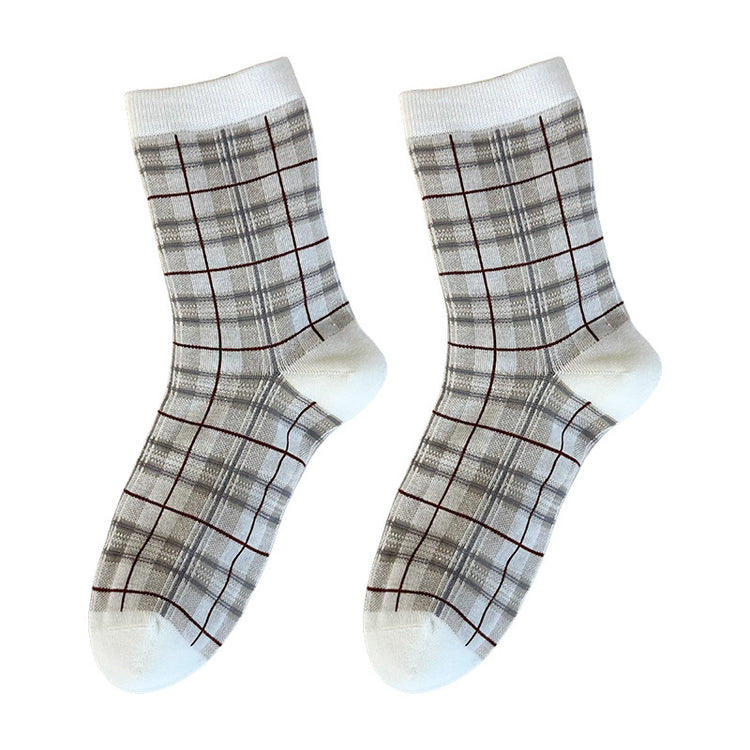 女襪|復古格子襪子女ins潮學院風甜美百搭中筒襪棉質吸汗透氣堆堆襪「CX805」25.10-1