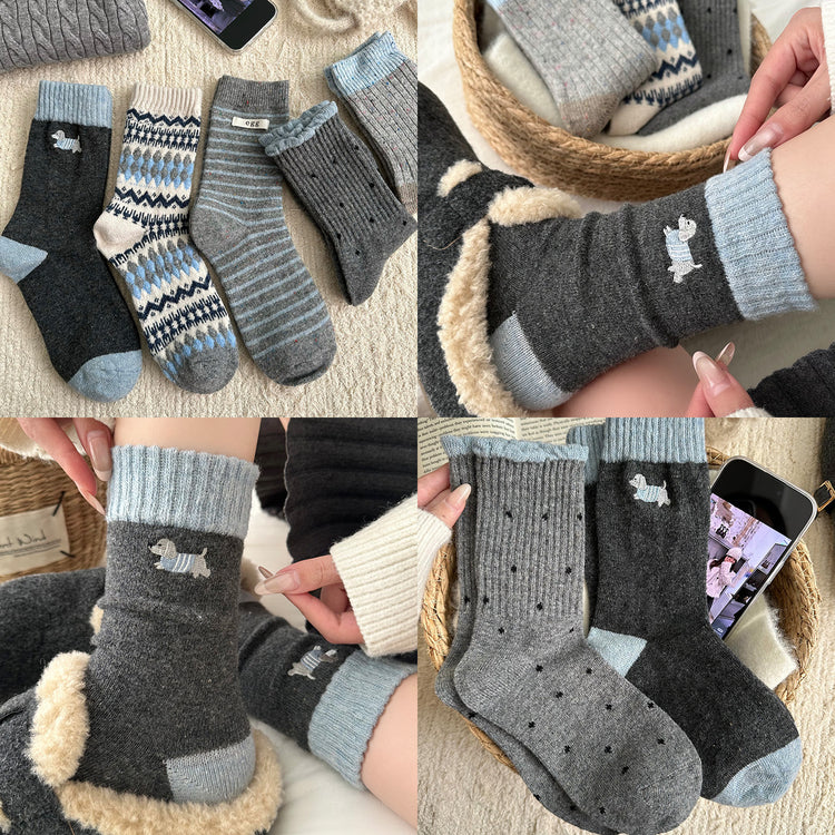 女襪|襪子女士混搭刺繡藍灰色中筒襪冬季加厚保暖親膚舒適羊毛襪「HD25867」25.11-4