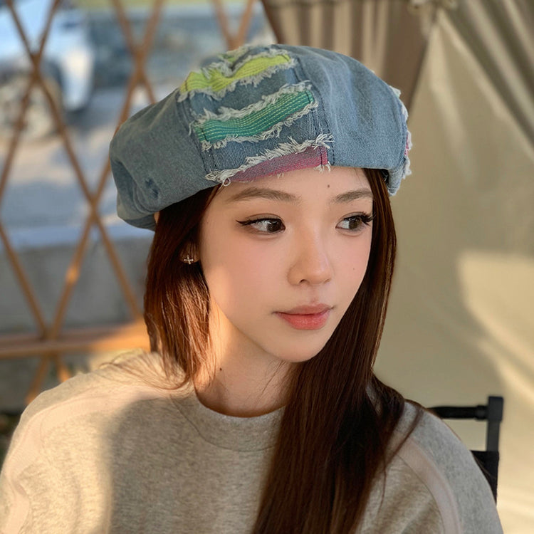 流行帽子 | 牛仔貝雷帽女春夏季新款做舊百搭破洞彩條畫家帽學生顯臉小八角帽「C3686」24.02-2
