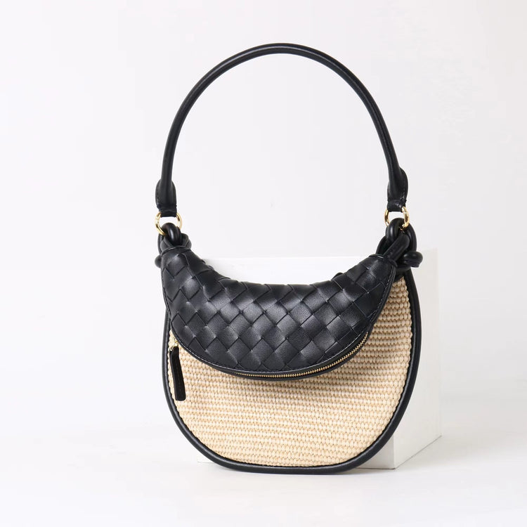 質感真皮|2025新款拉菲草編拼牛皮雙子包拼色月亮包度假單肩腋下包時尚編織包「9781-1」25.07-1