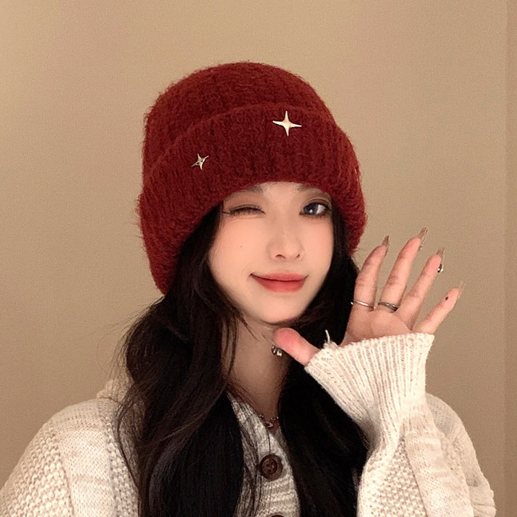 流行帽子 | 星星毛線帽子女冬季新款韓系百搭護耳帽寬松保暖顯臉小針織冷帽男「C4802」24.11-2