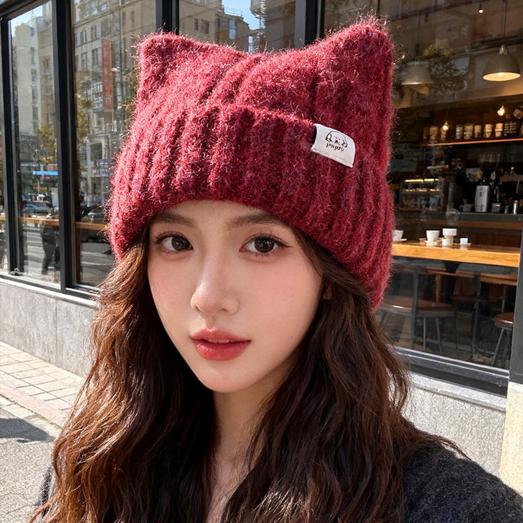 流行帽子|韓版貓耳朵毛線帽子女冬2025新款保暖護耳針織帽顯臉小可愛套頭帽「C5620」25.09-4