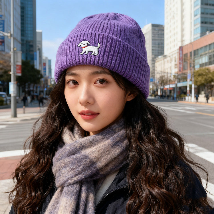 流行帽子|可愛小狗刺繡針織帽女秋冬款韓版百搭毛線帽顯臉小大頭圍保暖帽子「C5674」25.09-5