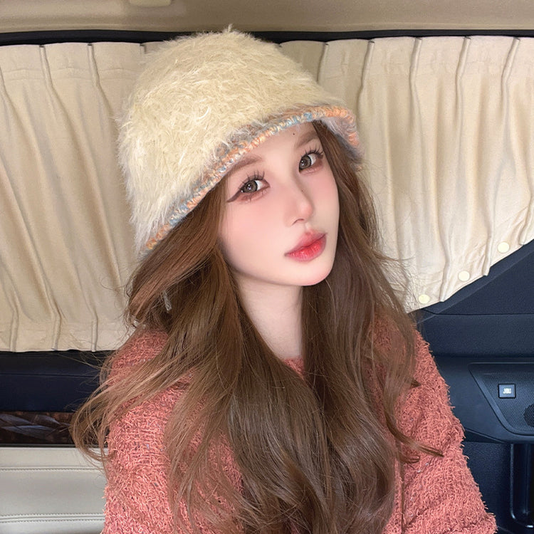 流行帽子|帽子女秋冬季彩虹檐邊毛絨針織水桶帽加厚保暖毛茸茸顯臉小毛線帽「C4442」24.09-2